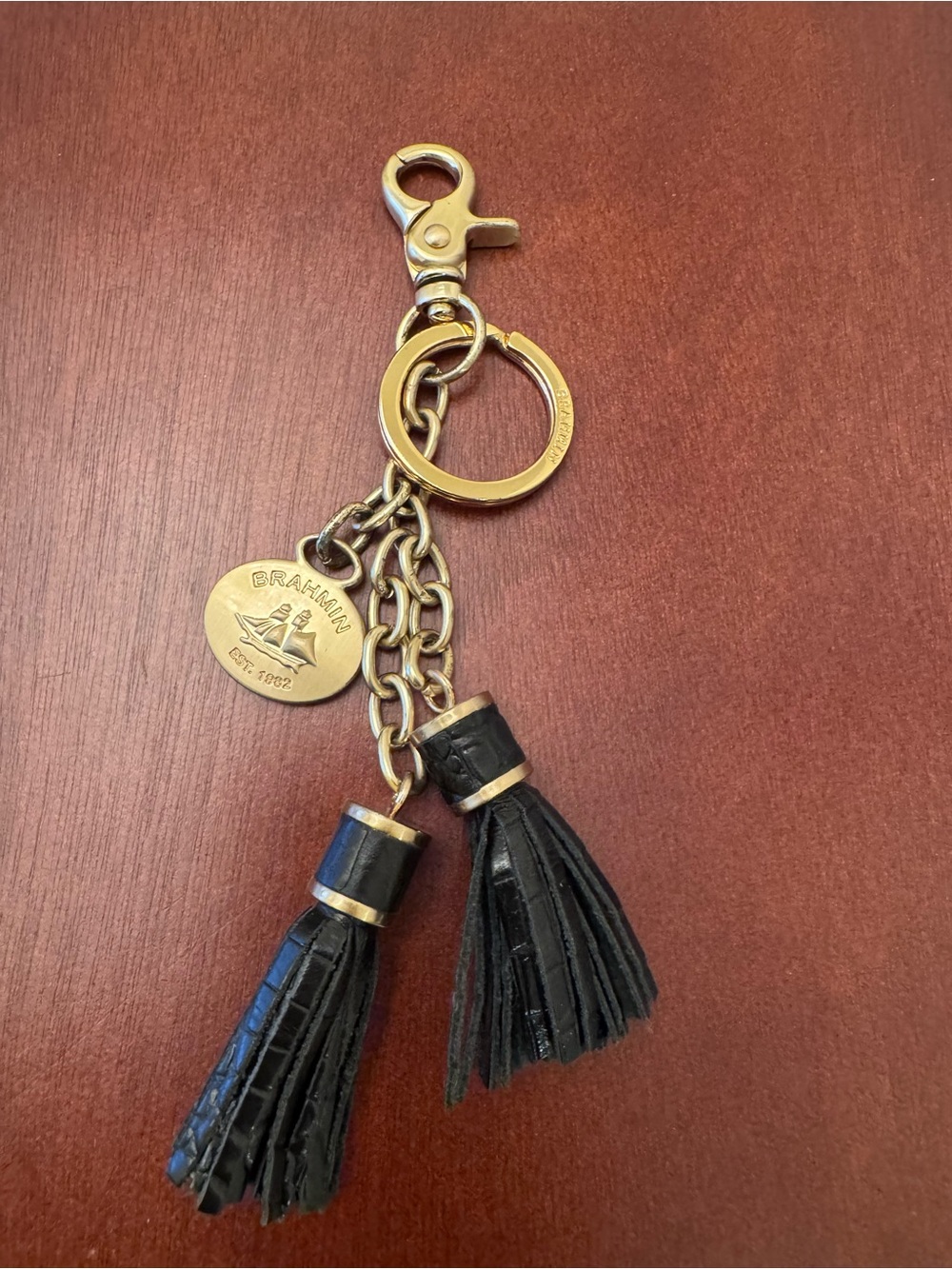 Brahmin Black Leather Double Tassel Keychain with Gold Accents